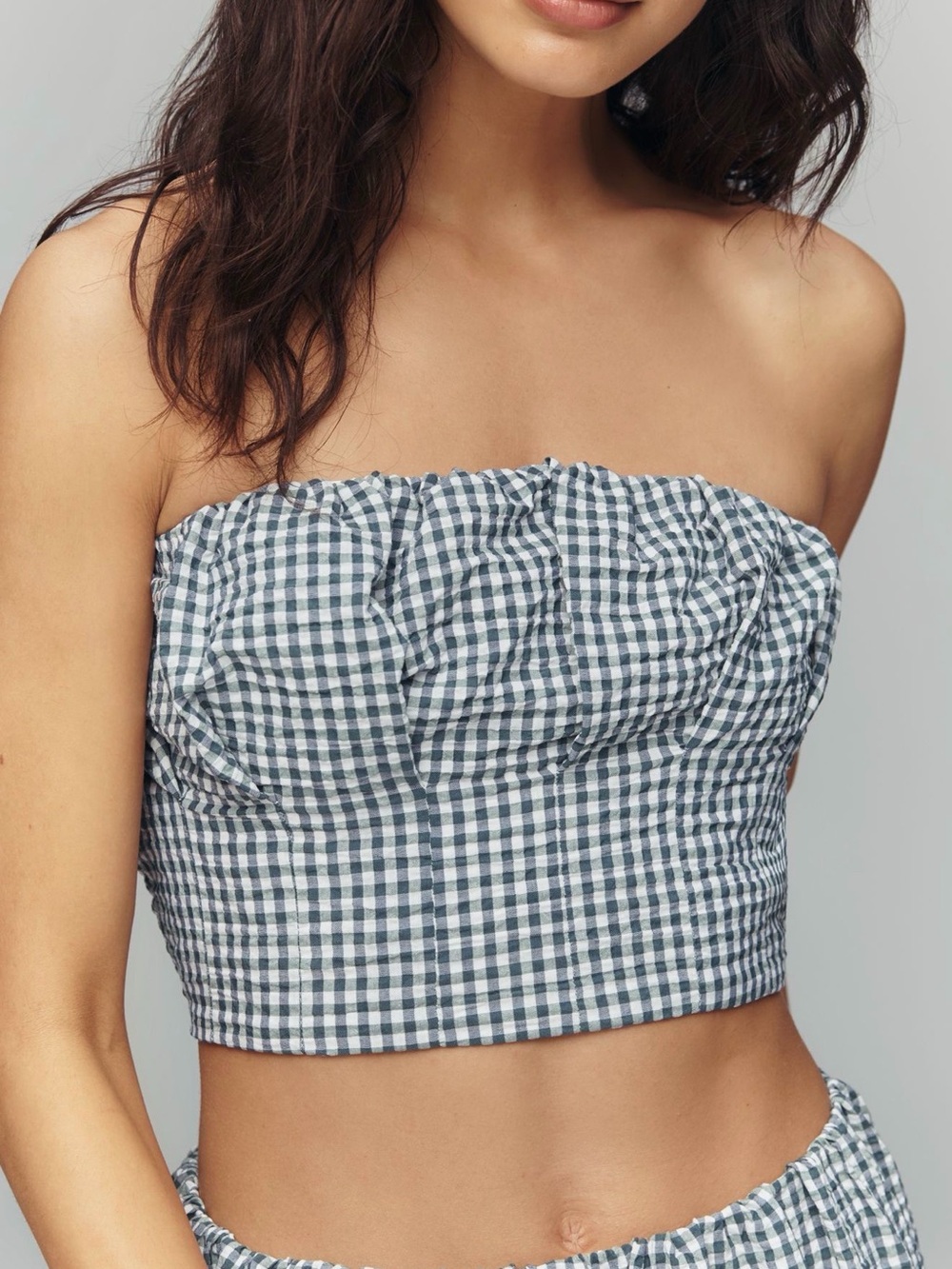 Maeve Gingham Strapless Crop Top - Blue & White